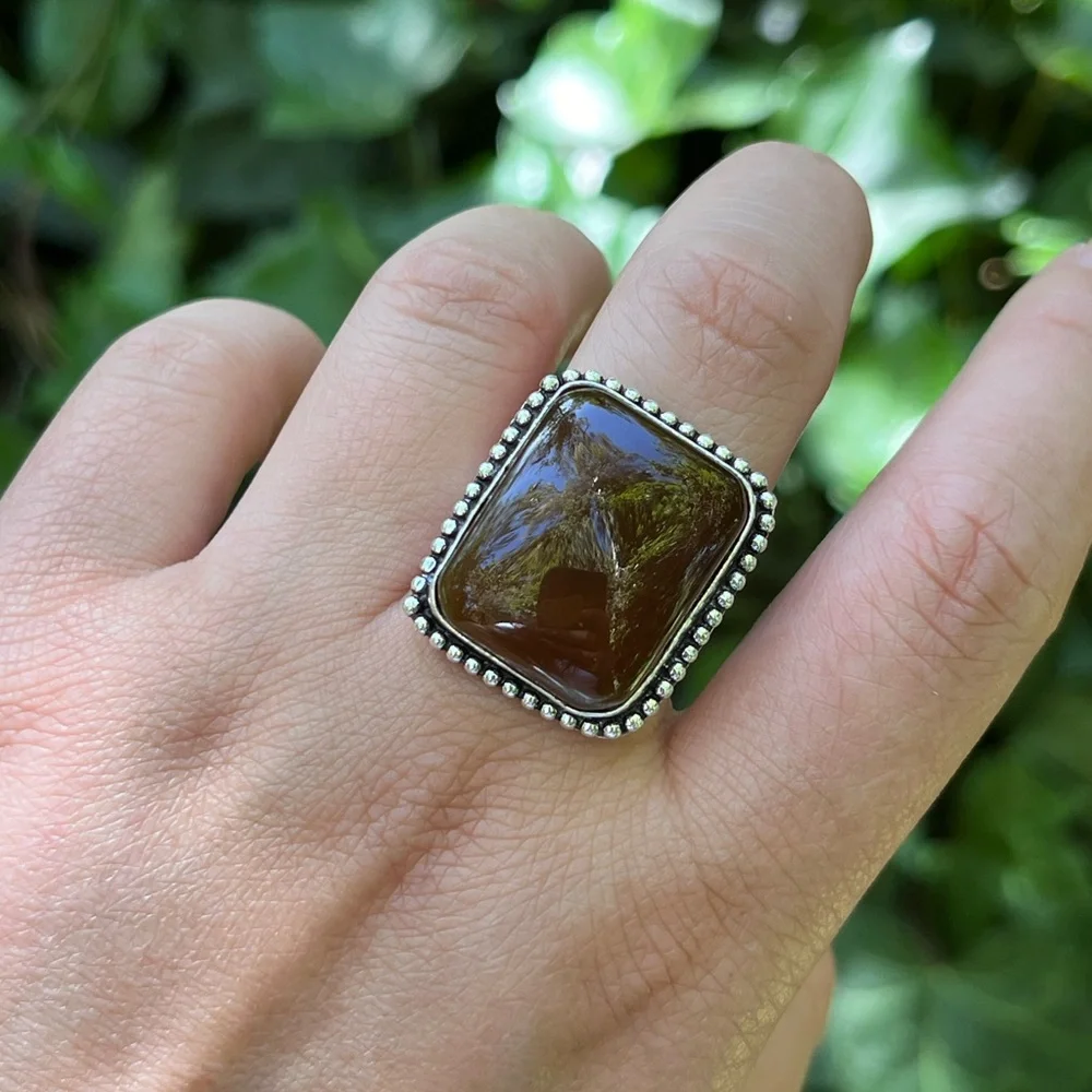 Size 8.25 925 silver plated brown agate square ring‎